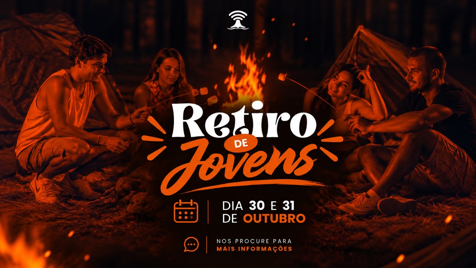 Retiro de Jovens: 30 e 31 de outubro. Jovens reunidos ao redor de uma fogueira.